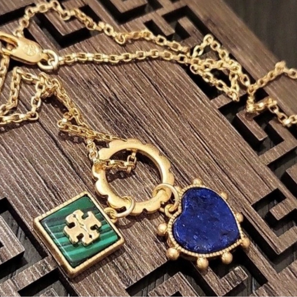 TORY BURCH- 18” gold plated necklace w/ green & blue pendants• EUC